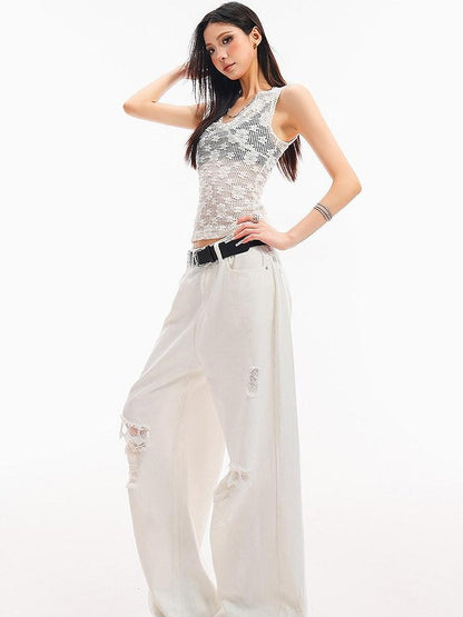 QIUQIU STUDIO White Crochet Hollow Floral V-neck Slim Fit Women&