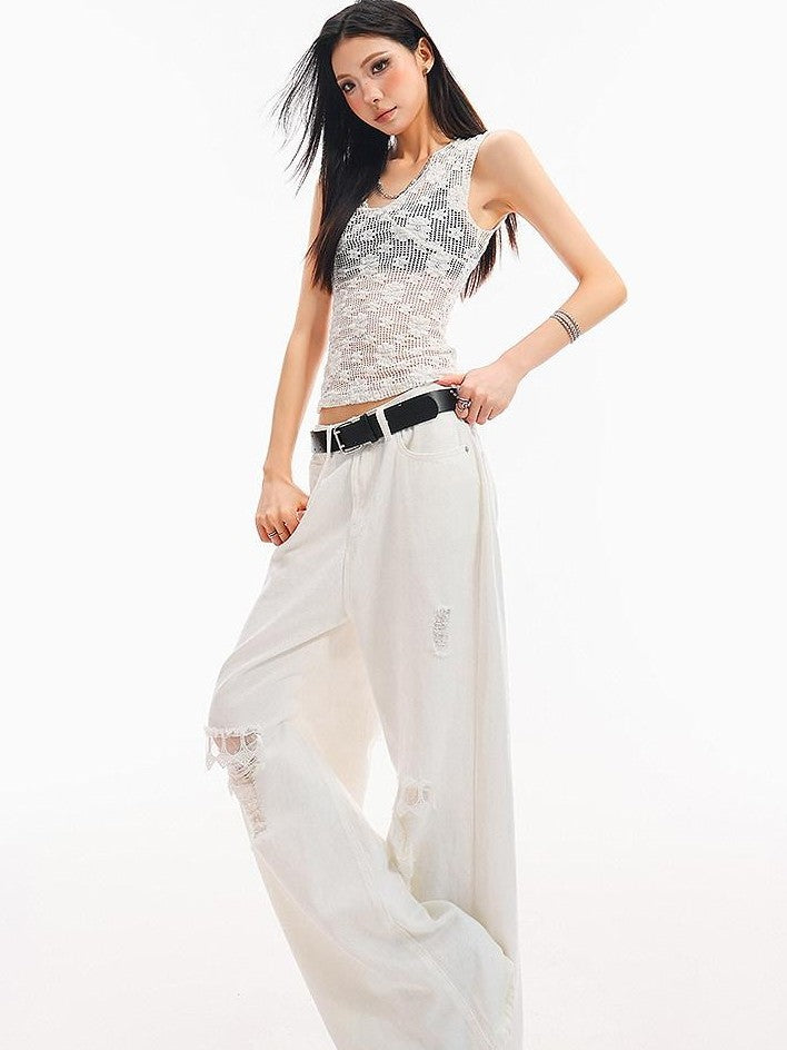 QIUQIU STUDIO White Crochet Hollow Floral V-neck Slim Fit Women&