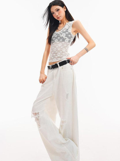 QIUQIU STUDIO White Crochet Hollow Floral V-neck Slim Fit Women&