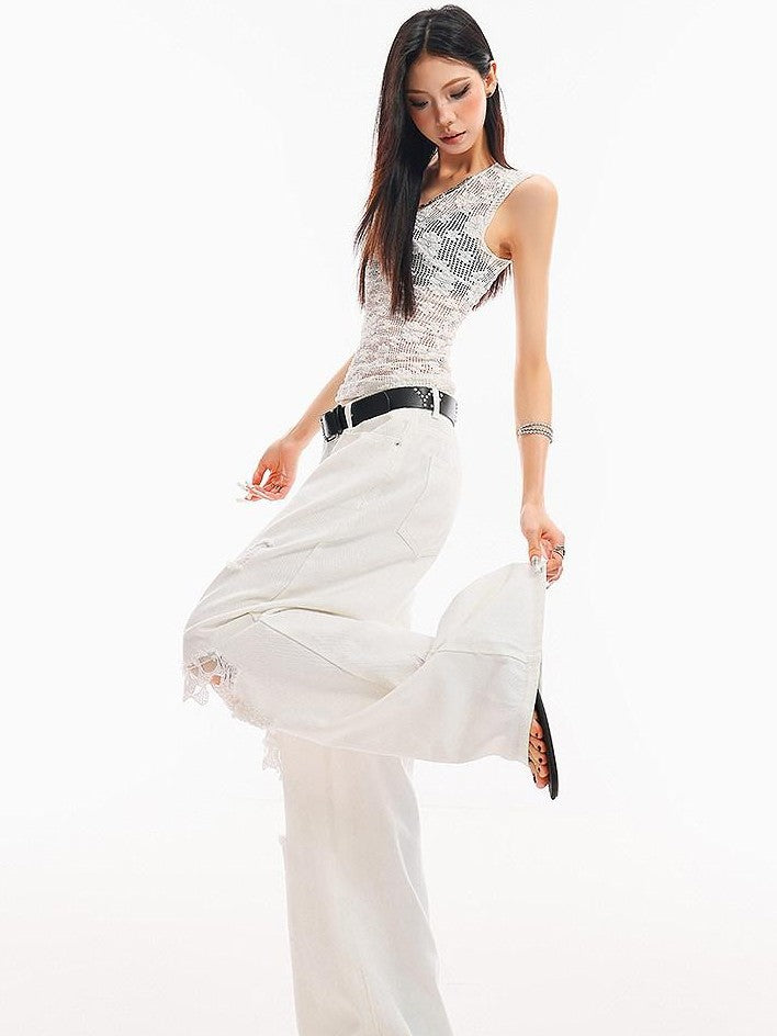 QIUQIU STUDIO White Crochet Hollow Floral V-neck Slim Fit Women&