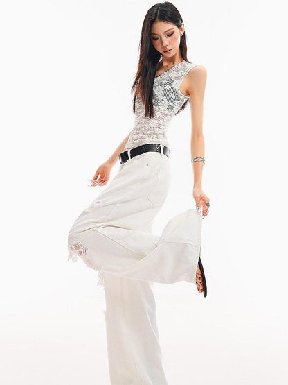 QIUQIU STUDIO White Crochet Hollow Floral V-neck Slim Fit Women&