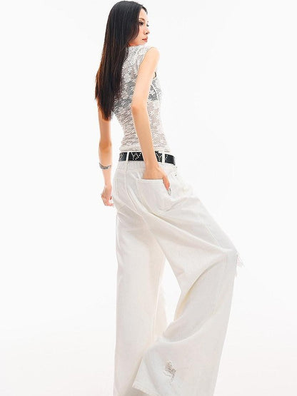 QIUQIU STUDIO White Crochet Hollow Floral V-neck Slim Fit Women&