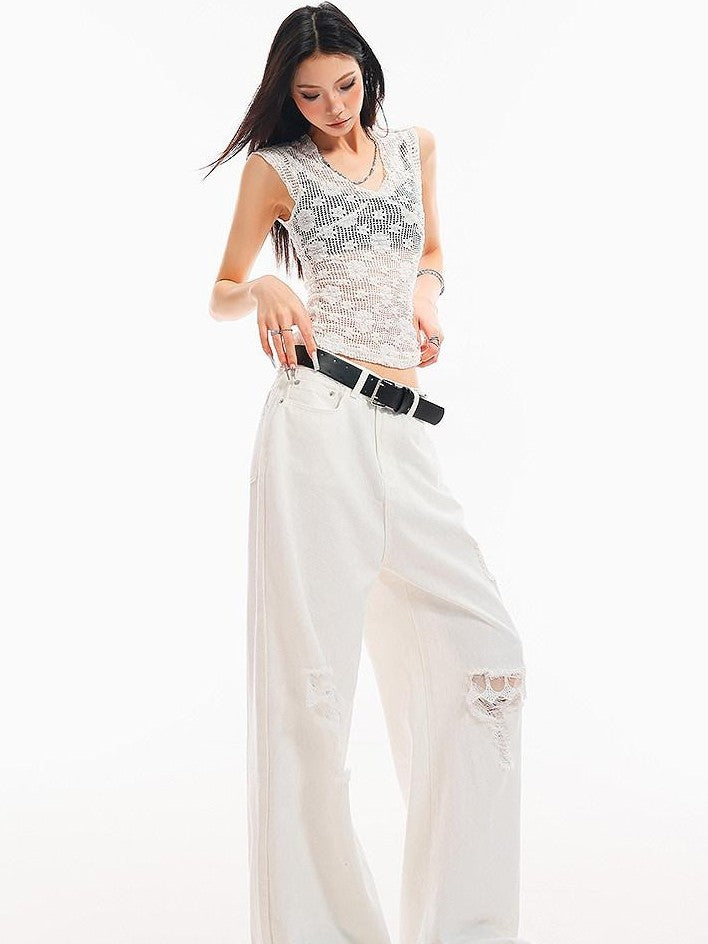 QIUQIU STUDIO White Crochet Hollow Floral V-neck Slim Fit Women&