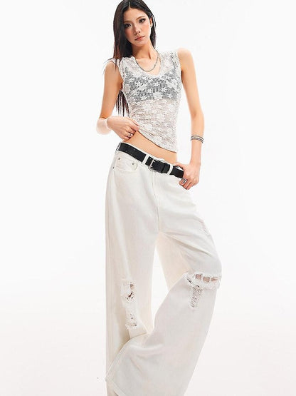 QIUQIU STUDIO White Crochet Hollow Floral V-neck Slim Fit Women&