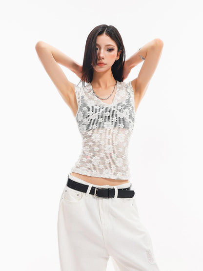 QIUQIU STUDIO White Crochet Hollow Floral V-neck Slim Fit Women&