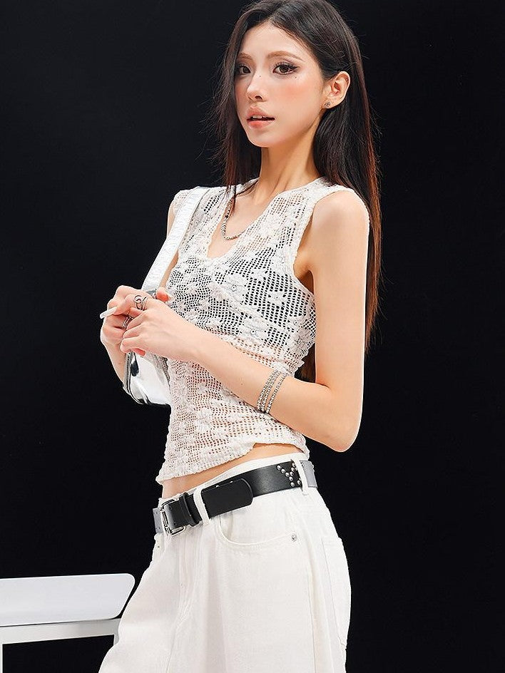 QIUQIU STUDIO White Crochet Hollow Floral V-neck Slim Fit Women&