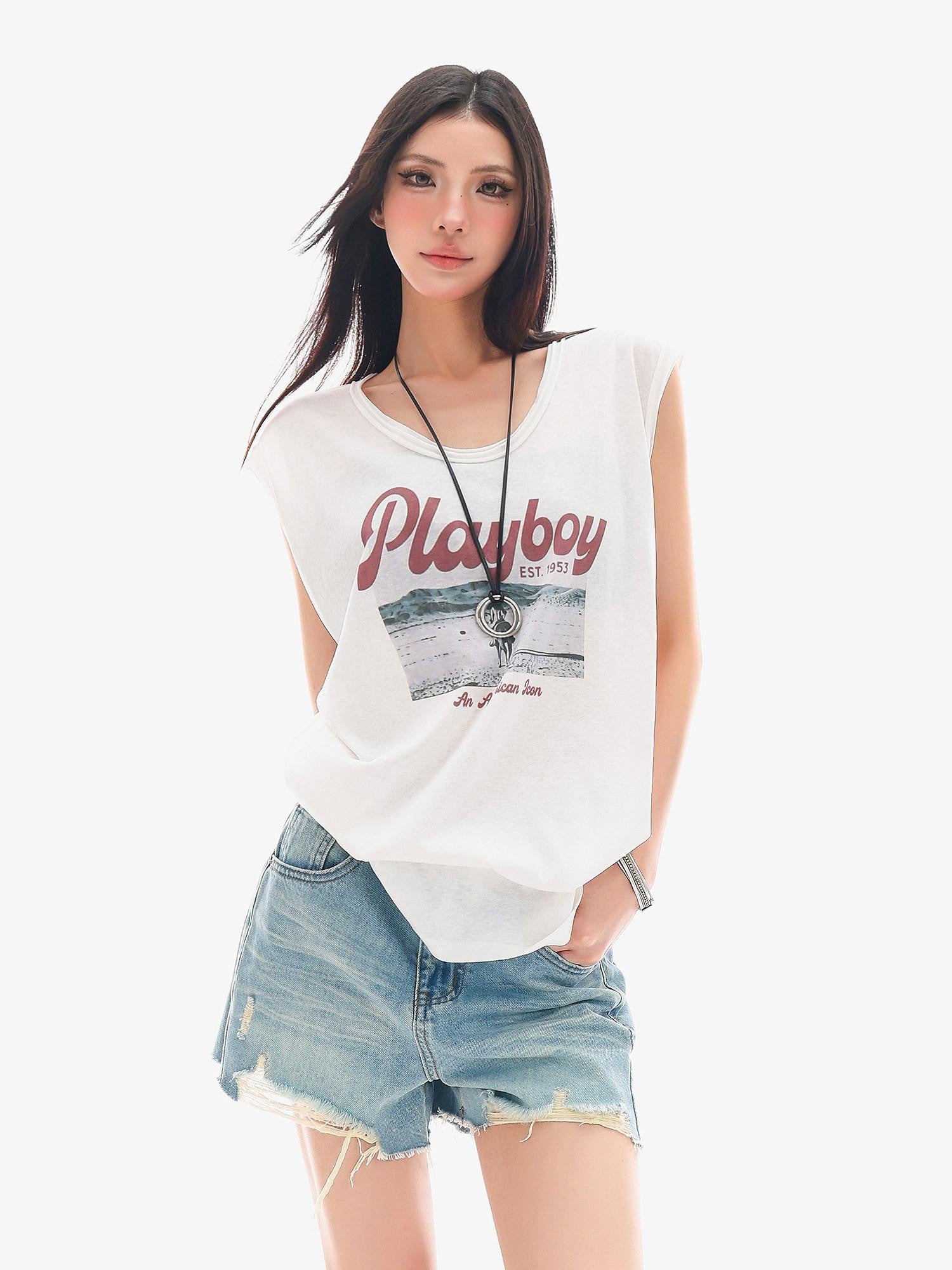 QIUQIU STUDIO White Distressed Letter Print U Neck Loose Casual Women&