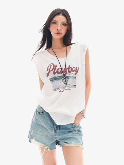 QIUQIU STUDIO White Distressed Letter Print U Neck Loose Casual Women&