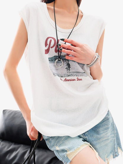 QIUQIU STUDIO White Distressed Letter Print U Neck Loose Casual Women&