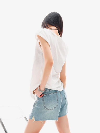 QIUQIU STUDIO White Distressed Letter Print U Neck Loose Casual Women&