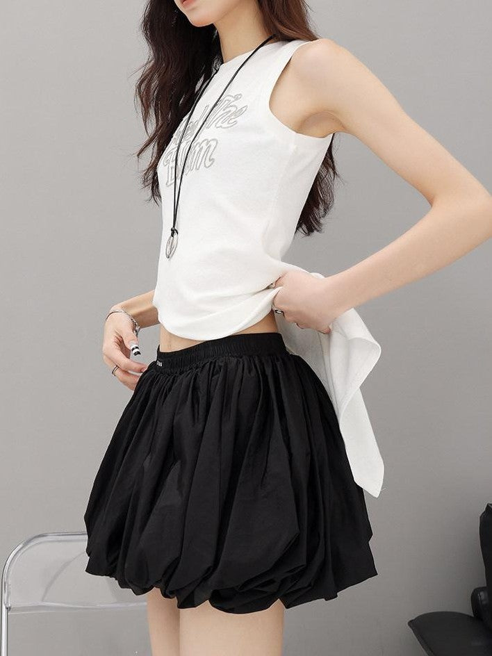 QIUQIU STUDIO White Elastic Waist Lantern Bubble Slim A Line Women&