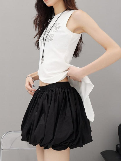 QIUQIU STUDIO White Elastic Waist Lantern Bubble Slim A Line Women&