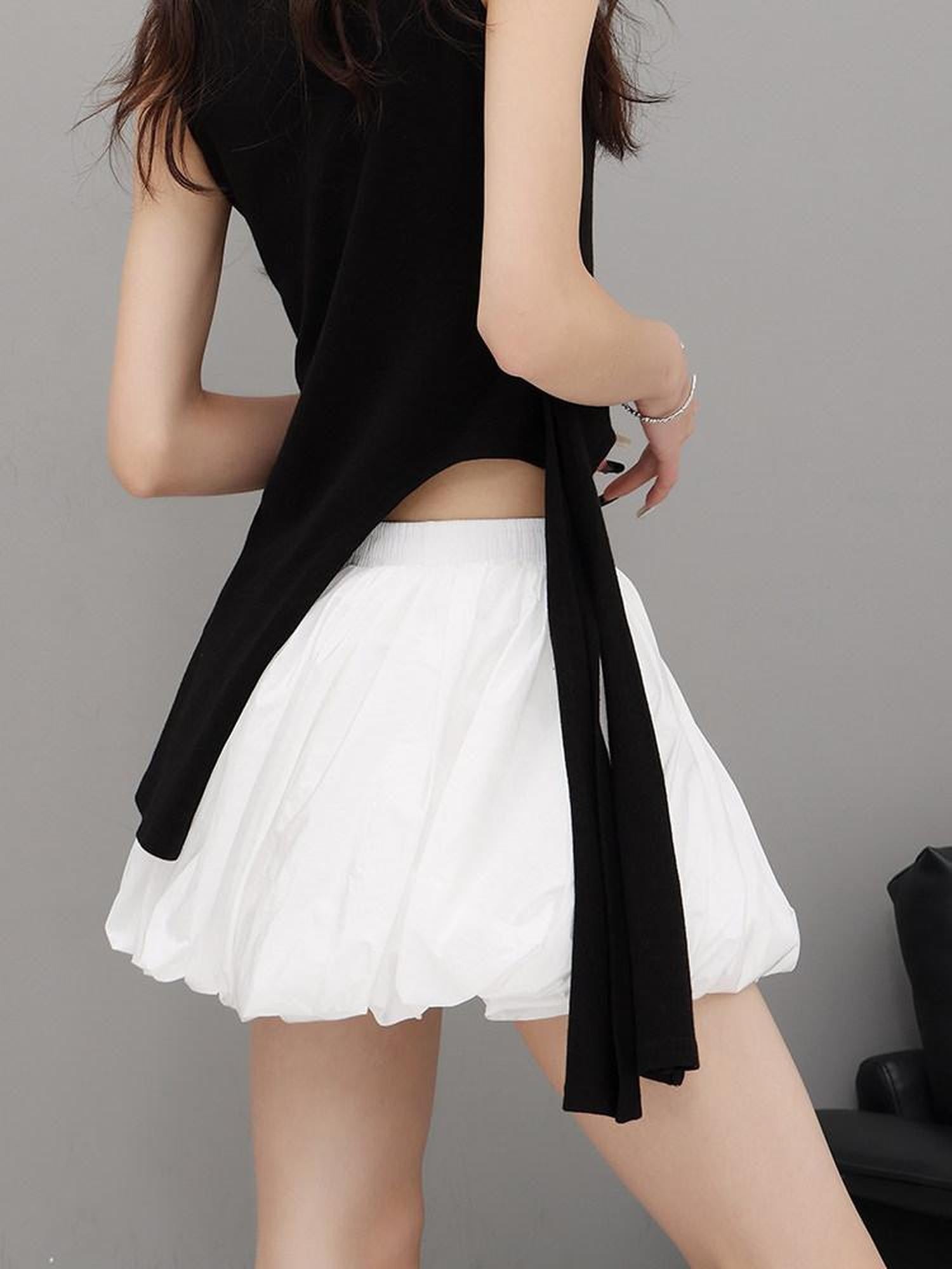 QIUQIU STUDIO White Elastic Waist Lantern Bubble Slim A Line Women&