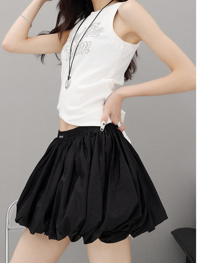 QIUQIU STUDIO White Elastic Waist Lantern Bubble Slim A Line Women&