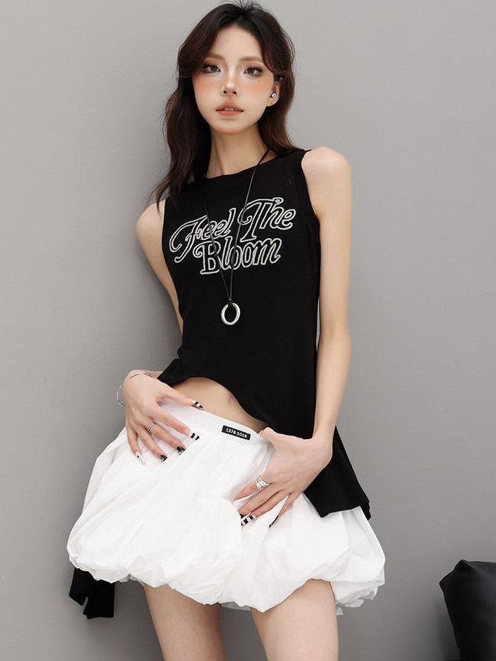 QIUQIU STUDIO White Elastic Waist Lantern Bubble Slim A Line Women&