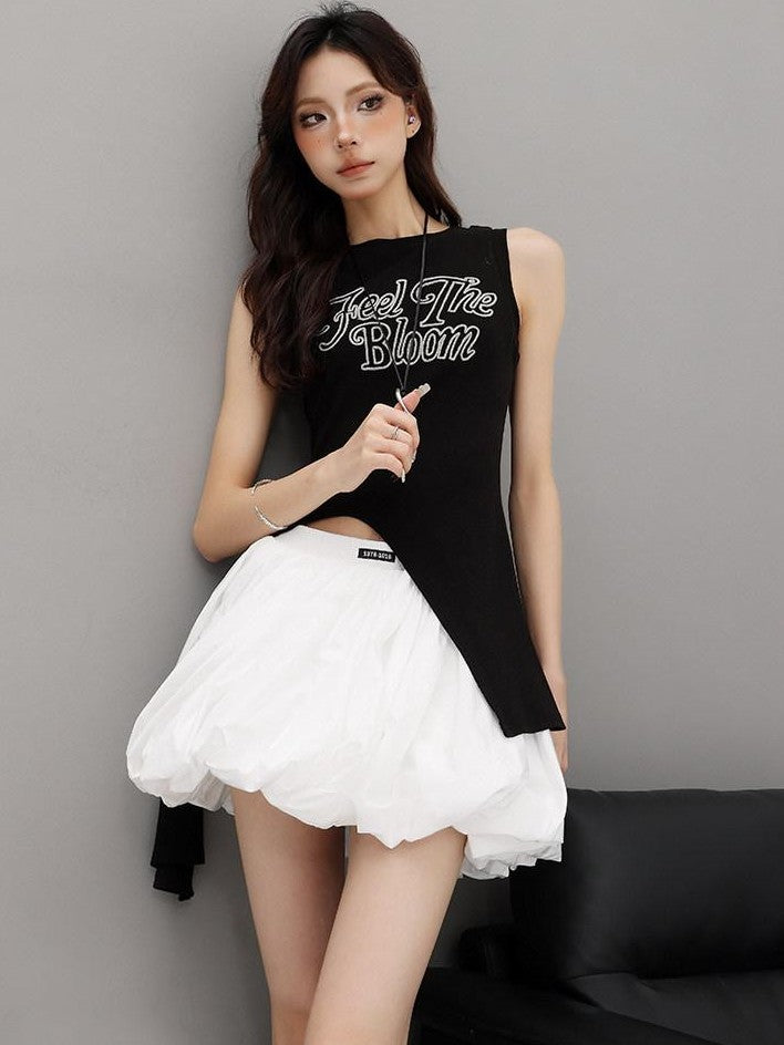 QIUQIU STUDIO White Elastic Waist Lantern Bubble Slim A Line Women&