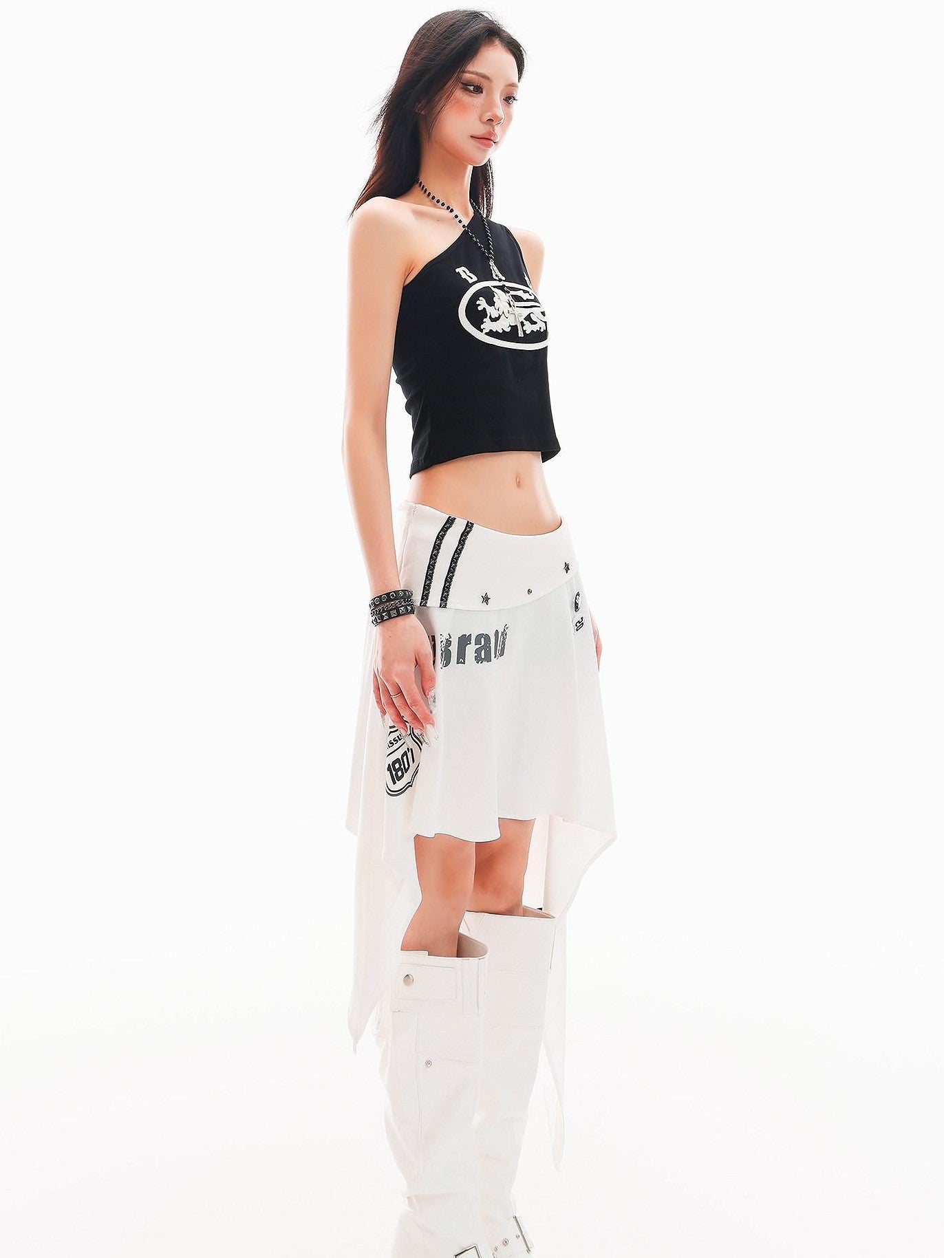 QIUQIU STUDIO White Letter Print Asymmetric Hem Women&