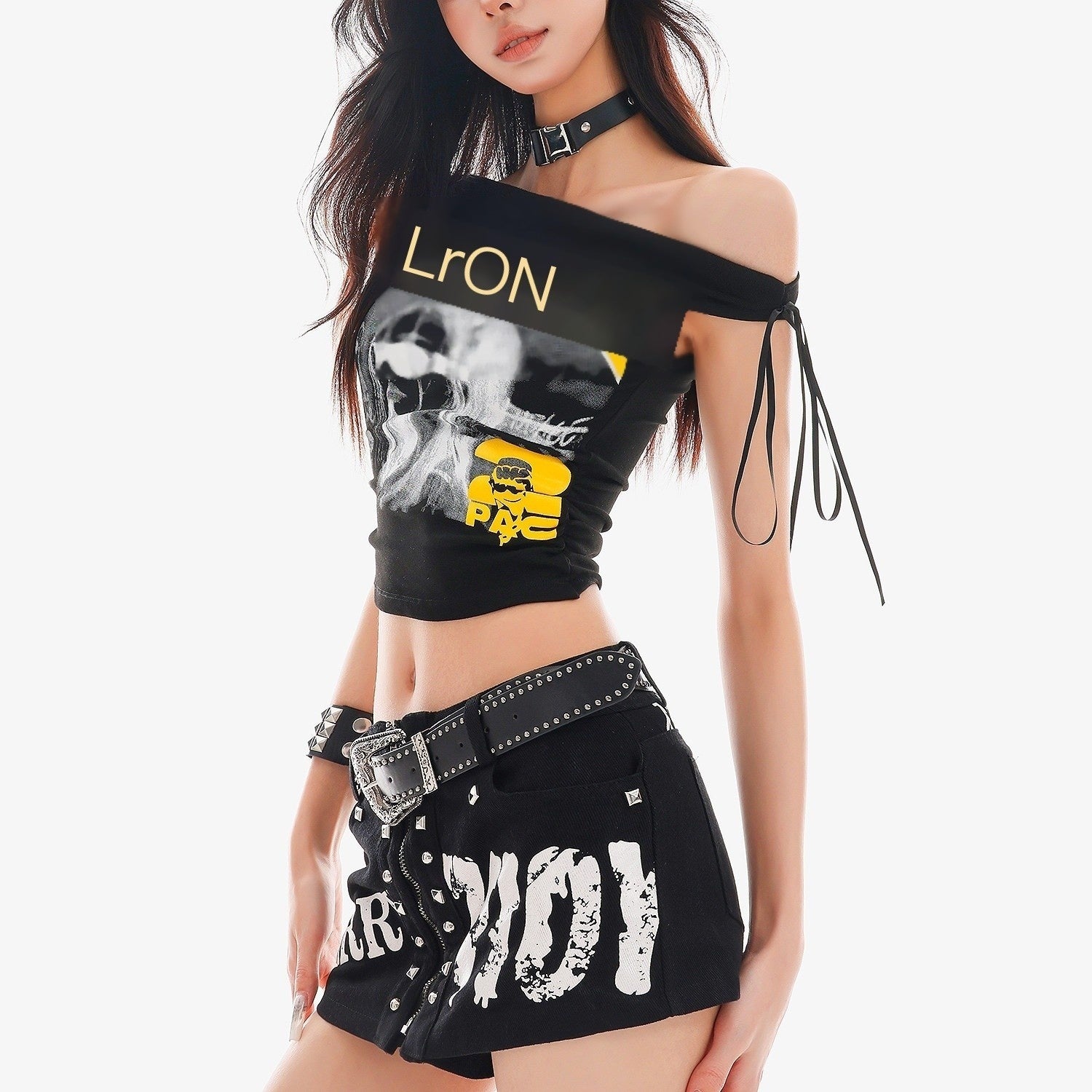 QIUQIU_STUDIO_White_Letter_Print_One_Shoulder_Slim_Sexy_Women&