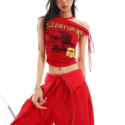 QIUQIU_STUDIO_White_Letter_Print_One_Shoulder_Slim_Sexy_Women&