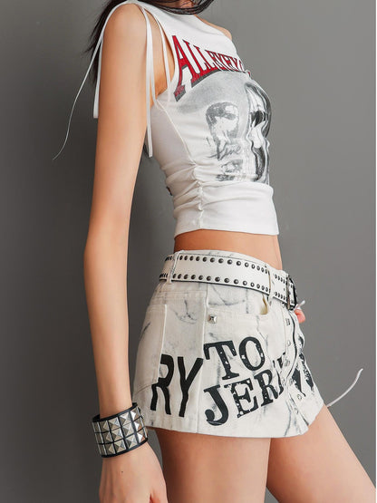 QIUQIU STUDIO White Letter Print One Shoulder Slim Sexy Women&