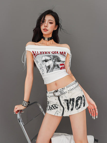 QIUQIU STUDIO White Letter Print One Shoulder Slim Sexy Women&