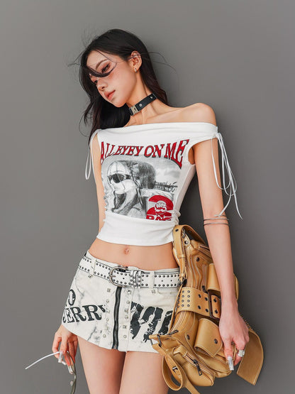 QIUQIU STUDIO White Letter Print One Shoulder Slim Sexy Women&
