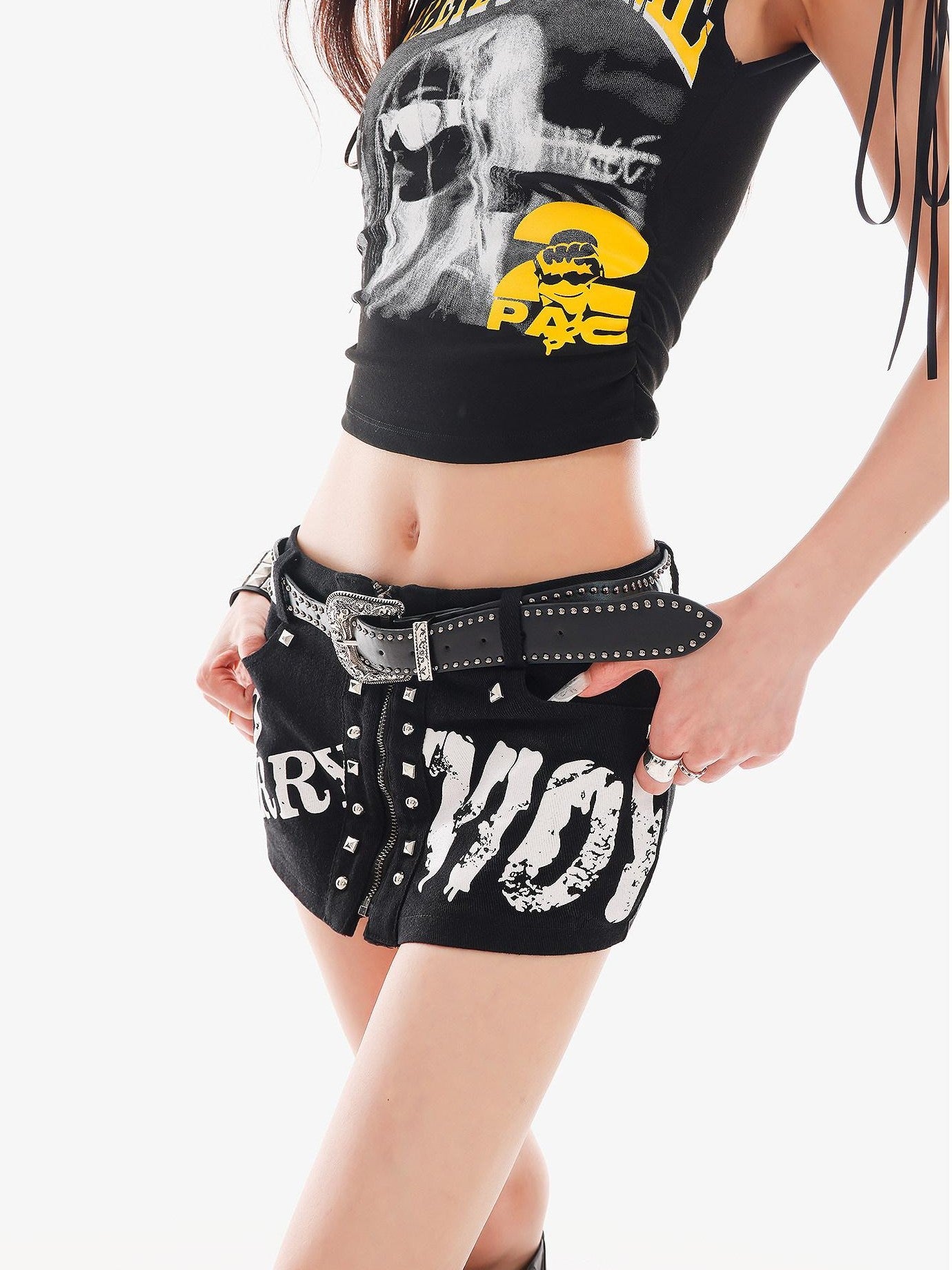 QIUQIU STUDIO White Letter Print Rivet Faux Two Piece Women&