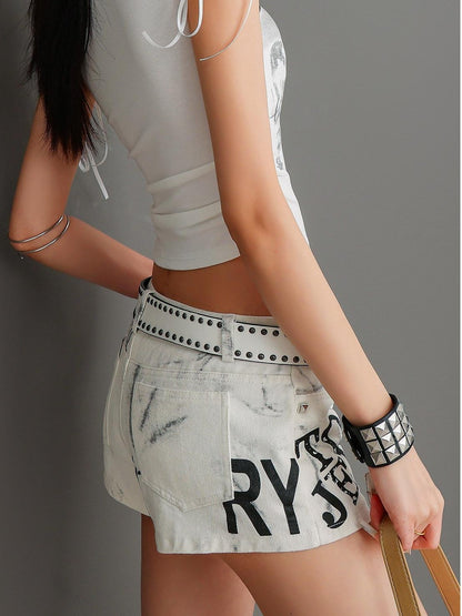 QIUQIU STUDIO White Letter Print Rivet Faux Two Piece Women&