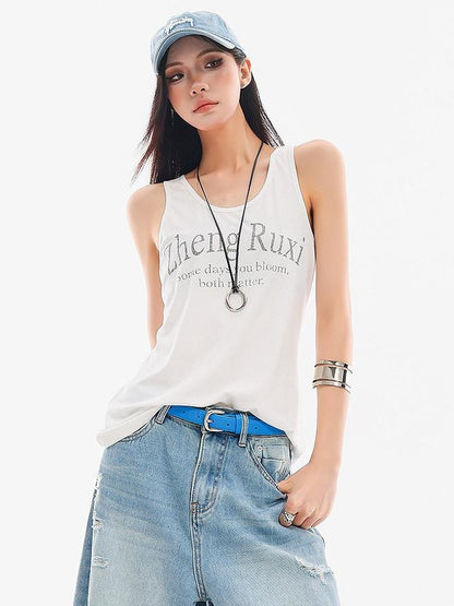 QIUQIU STUDIO White Letter Print Round Neck Loose Fit Slimming Women&