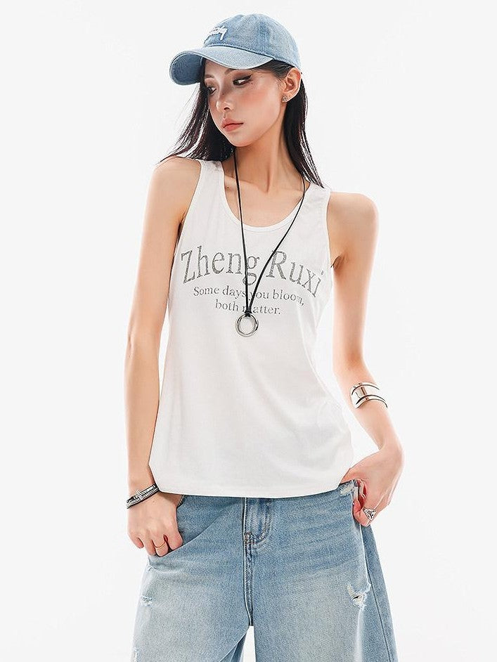 QIUQIU STUDIO White Letter Print Round Neck Loose Fit Slimming Women&