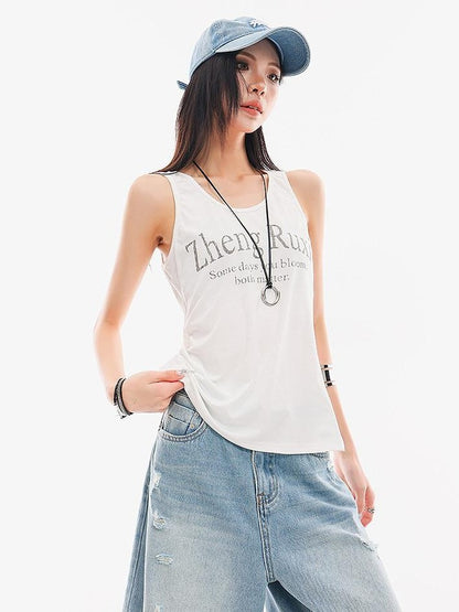 QIUQIU STUDIO White Letter Print Round Neck Loose Fit Slimming Women&