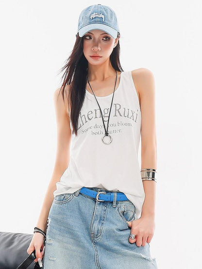 QIUQIU STUDIO White Letter Print Round Neck Loose Fit Slimming Women&