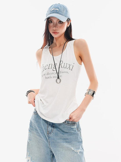 QIUQIU STUDIO White Letter Print Round Neck Loose Fit Slimming Women&