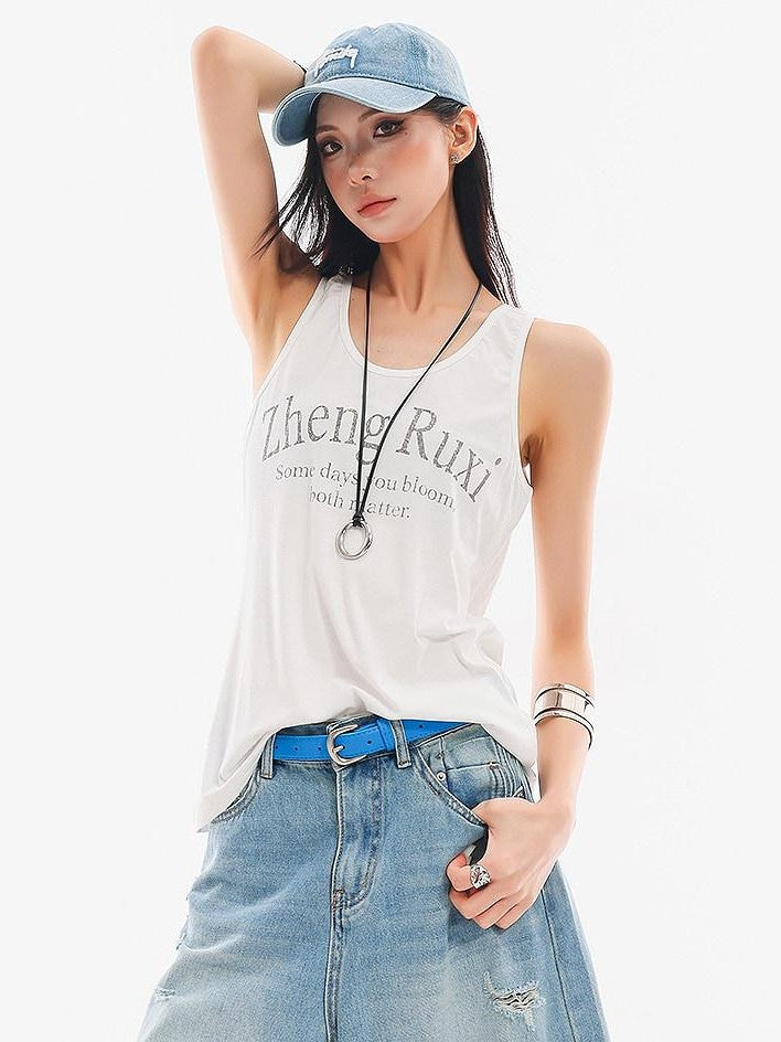 QIUQIU STUDIO White Letter Print Round Neck Loose Fit Slimming Women&