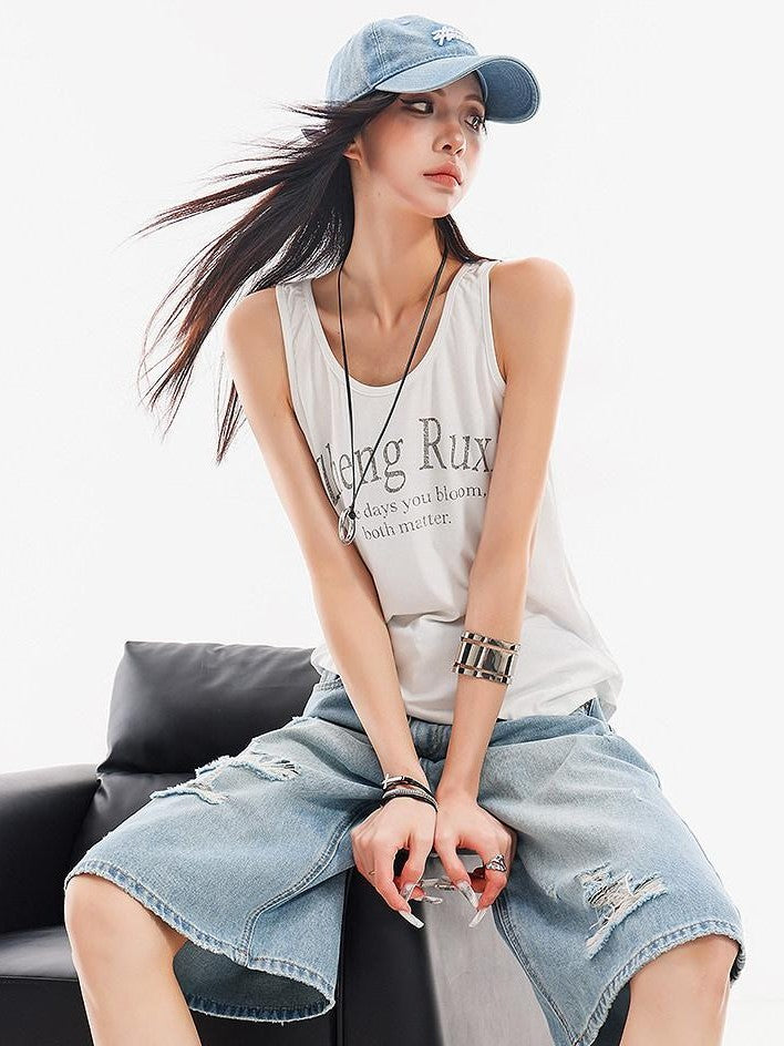 QIUQIU STUDIO White Letter Print Round Neck Loose Fit Slimming Women&