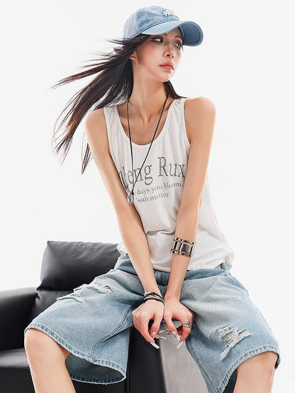 QIUQIU STUDIO White Letter Print Round Neck Loose Fit Slimming Women&
