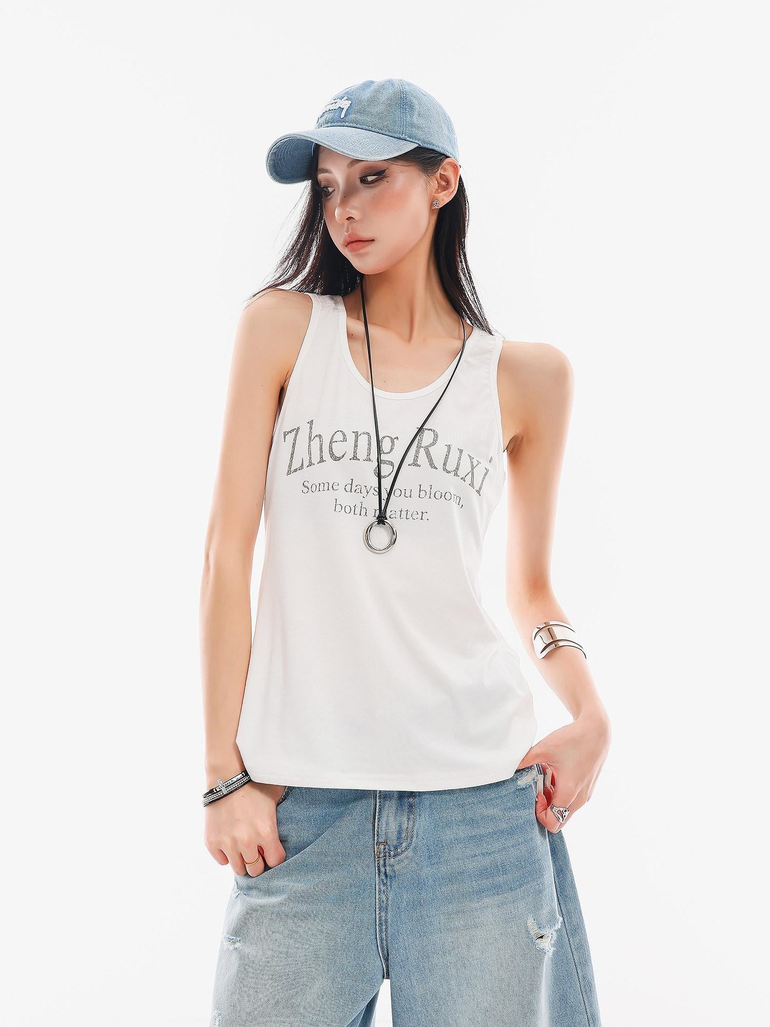 QIUQIU STUDIO White Letter Print Round Neck Loose Fit Slimming Women&