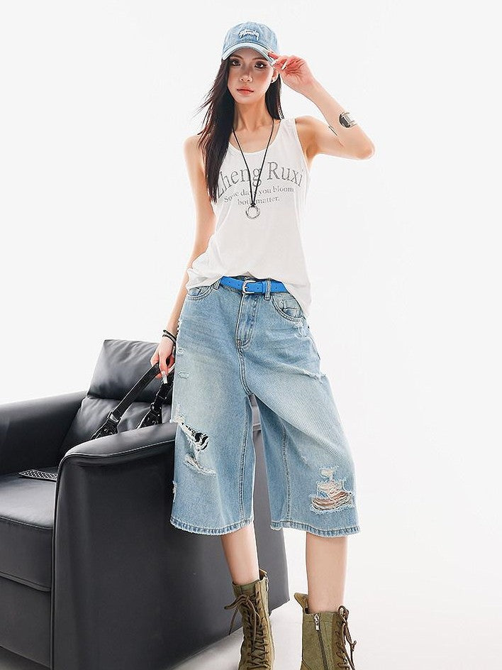 QIUQIU STUDIO White Letter Print Round Neck Loose Fit Slimming Women&