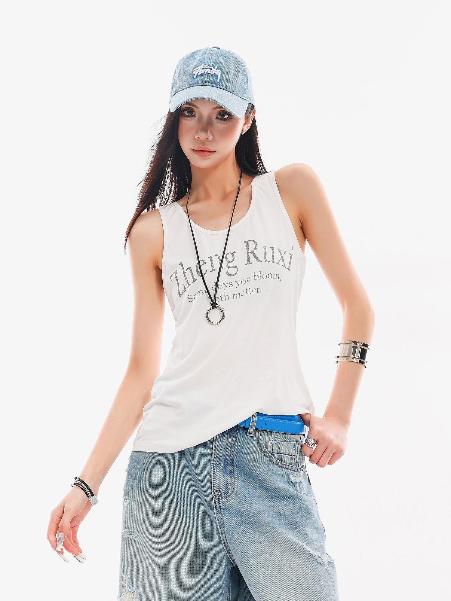 QIUQIU STUDIO White Letter Print Round Neck Loose Fit Slimming Women&