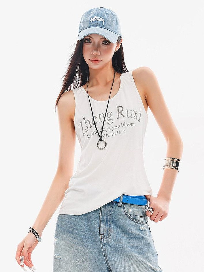 QIUQIU STUDIO White Letter Print Round Neck Loose Fit Slimming Women&