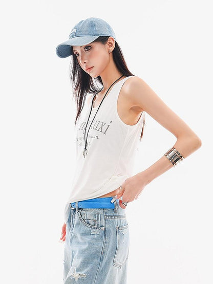 QIUQIU STUDIO White Letter Print Round Neck Loose Fit Slimming Women&