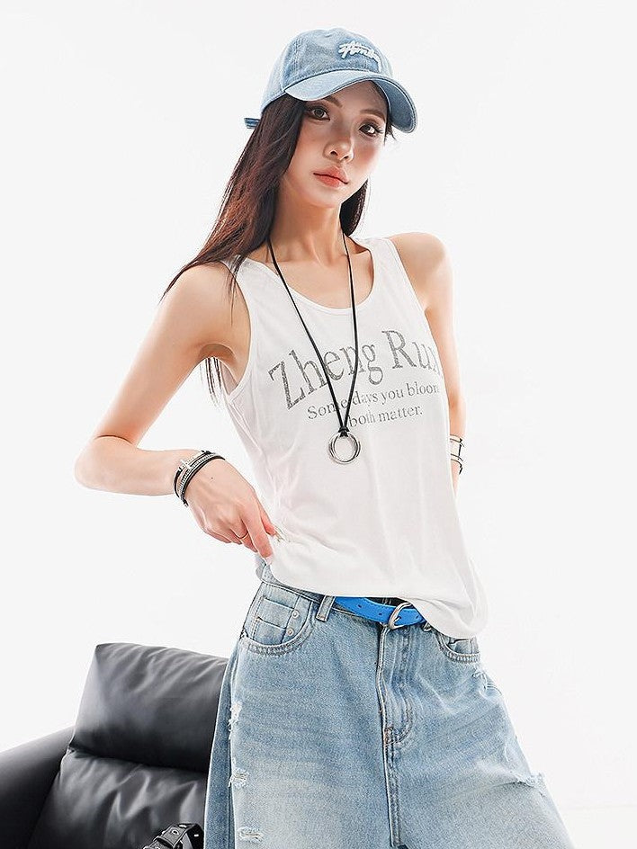 QIUQIU STUDIO White Letter Print Round Neck Loose Fit Slimming Women&