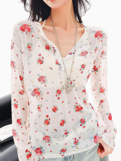 QIUQIU STUDIO White Red Floral Half Open Collar Printed Long Sleeve Loose Women&