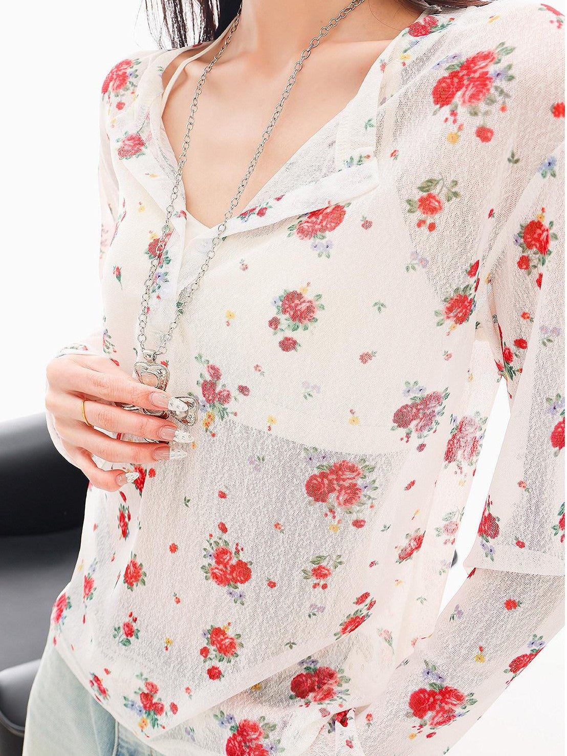 QIUQIU STUDIO White Red Floral Half Open Collar Printed Long Sleeve Loose Women&
