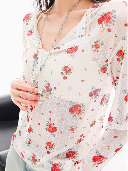QIUQIU STUDIO White Red Floral Half Open Collar Printed Long Sleeve Loose Women&