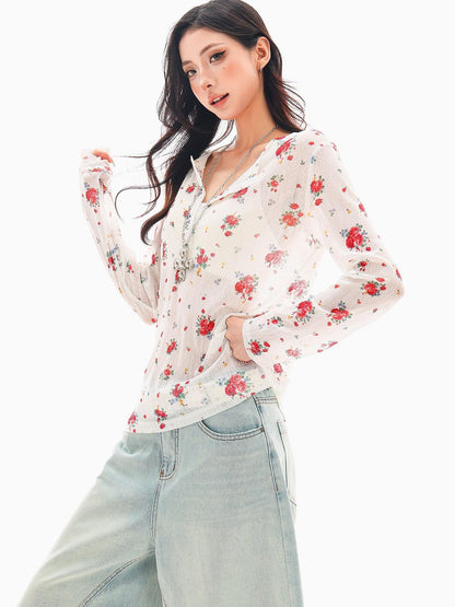 QIUQIU STUDIO White Red Floral Half Open Collar Printed Long Sleeve Loose Women&