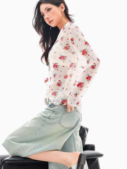QIUQIU STUDIO White Red Floral Half Open Collar Printed Long Sleeve Loose Women&