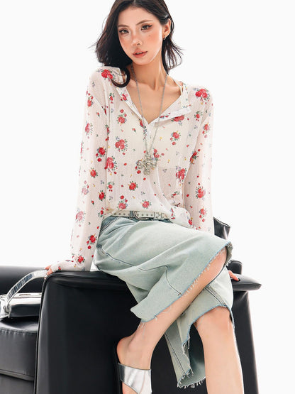 QIUQIU STUDIO White Red Floral Half Open Collar Printed Long Sleeve Loose Women&