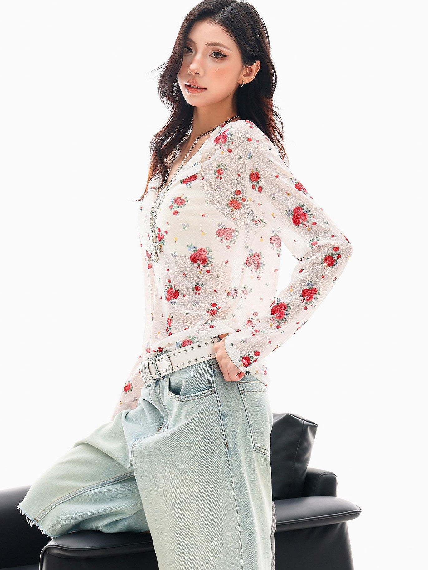 QIUQIU STUDIO White Red Floral Half Open Collar Printed Long Sleeve Loose Women&