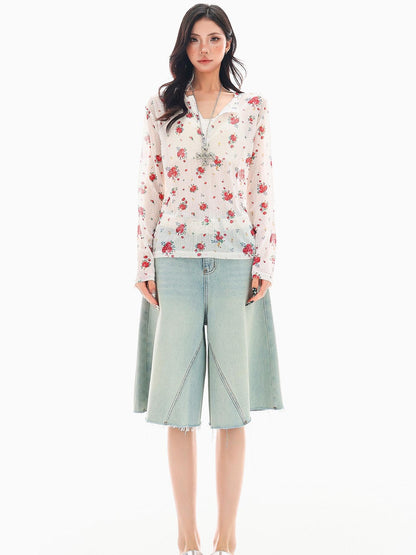 QIUQIU STUDIO White Red Floral Half Open Collar Printed Long Sleeve Loose Women&